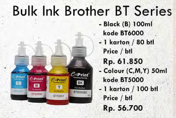 Supplier/Distributor/Penyedia/Jual Tinta Bulk Ink Brother BT Series – Harga Terjangkau, Kualitas Terbaik