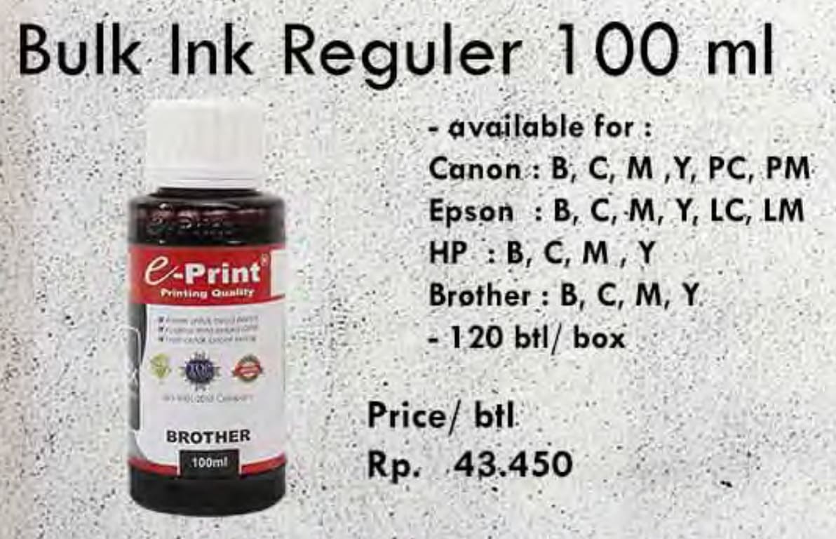 Supplier/Distributor/Penyedia/Jual Tinta Bulk Ink Reguler 100 ml – Harga Terjangkau, Kualitas Terjamin