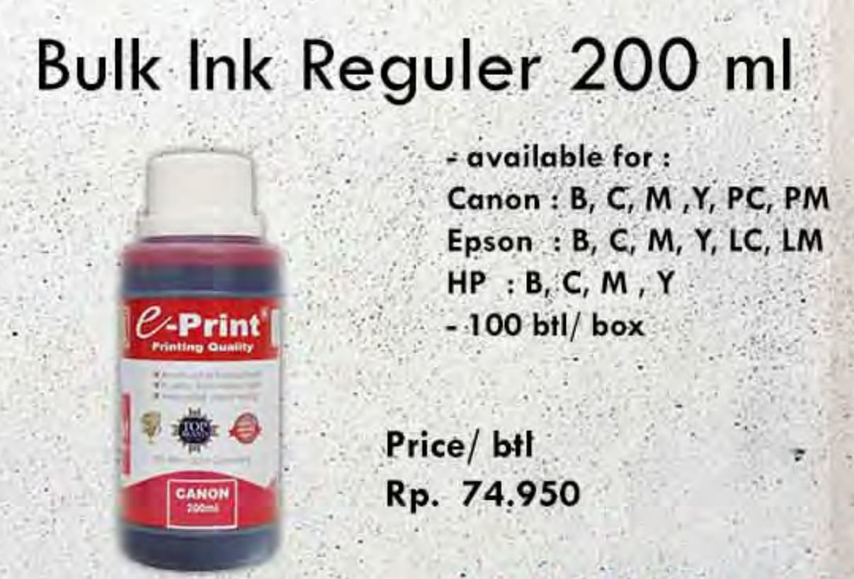 Supplier/Distributor/Penyedia/Jual Tinta Bulk Ink Reguler 200 ml – Harga Grosir, Stok Lengkap