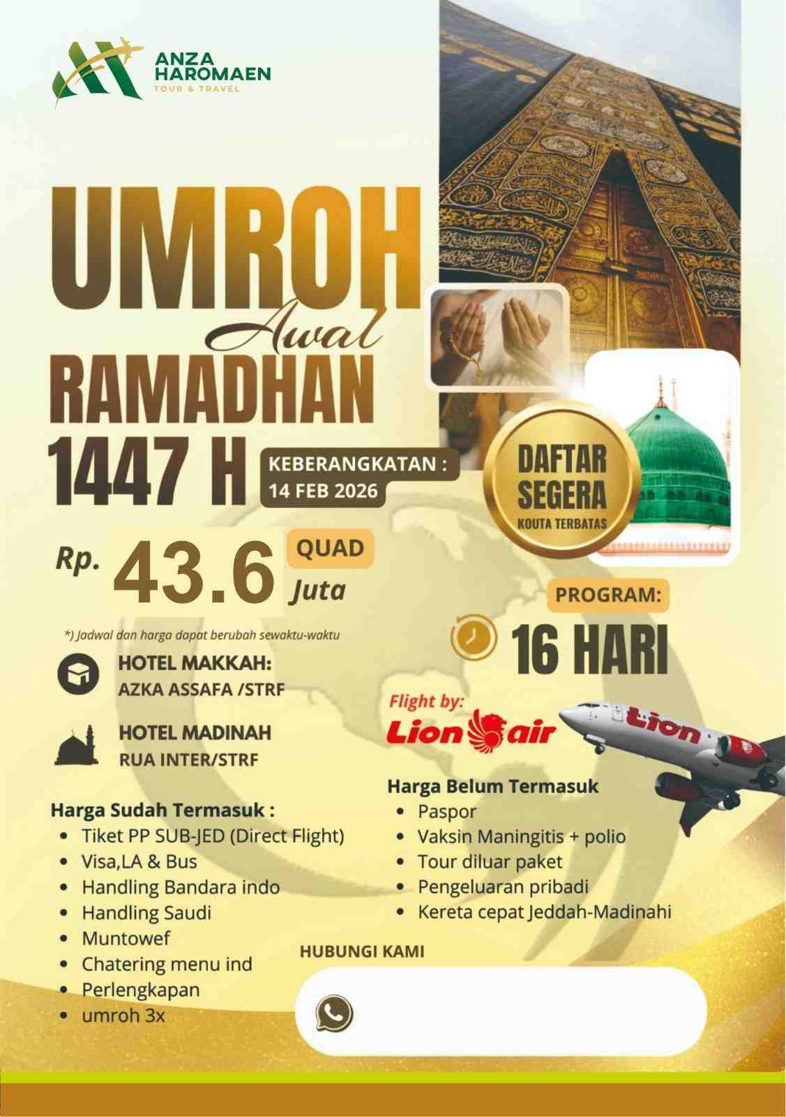 Umroh Awal Ramadhan 1447 H – Keberangkatan 14 Februari 2026