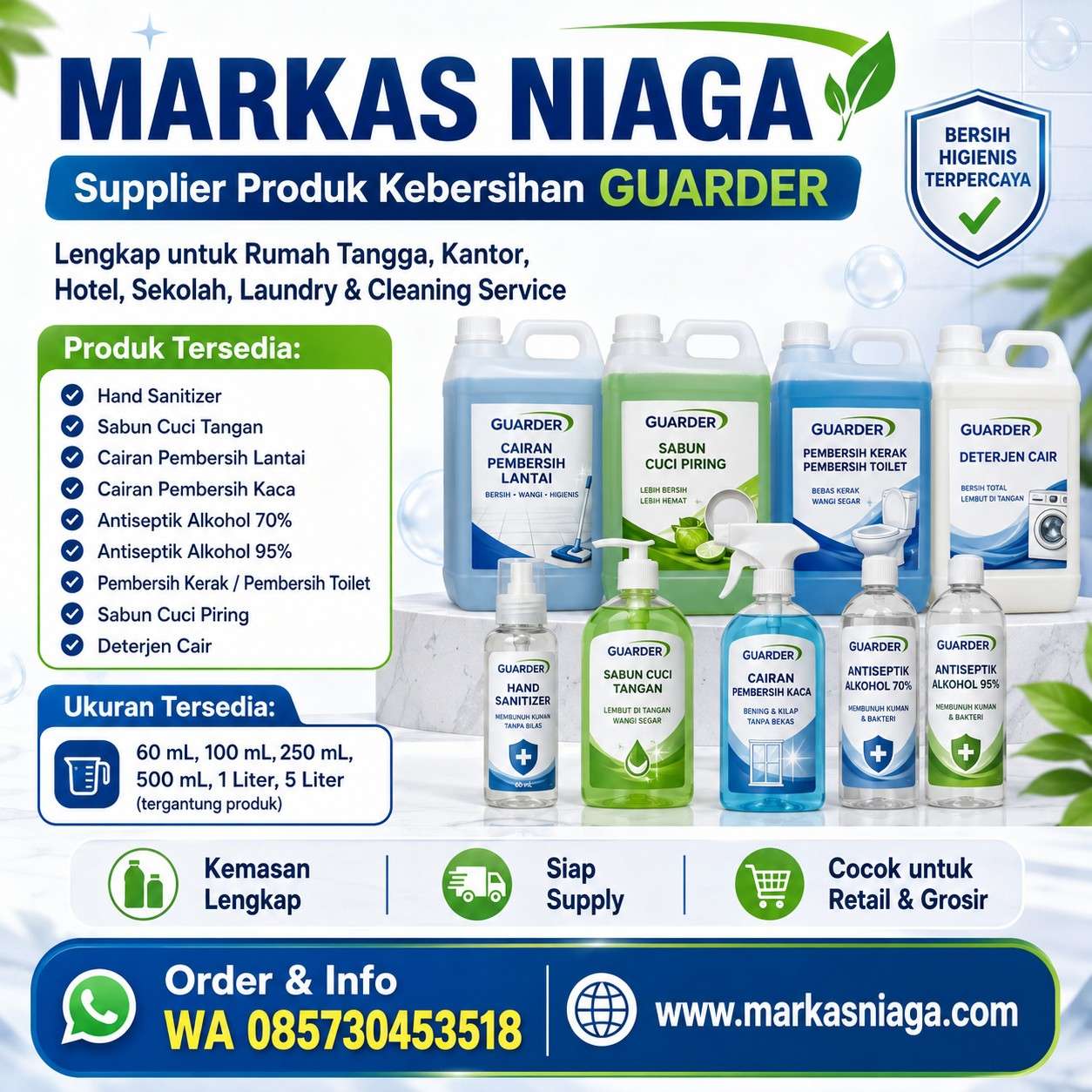 Supplier Produk Kebersihan Lengkap: Hand Sanitizer, Sabun Cuci Tangan, Pembersih Lantai, Alkohol, Sabun Cuci Piring & Deterjen Cair