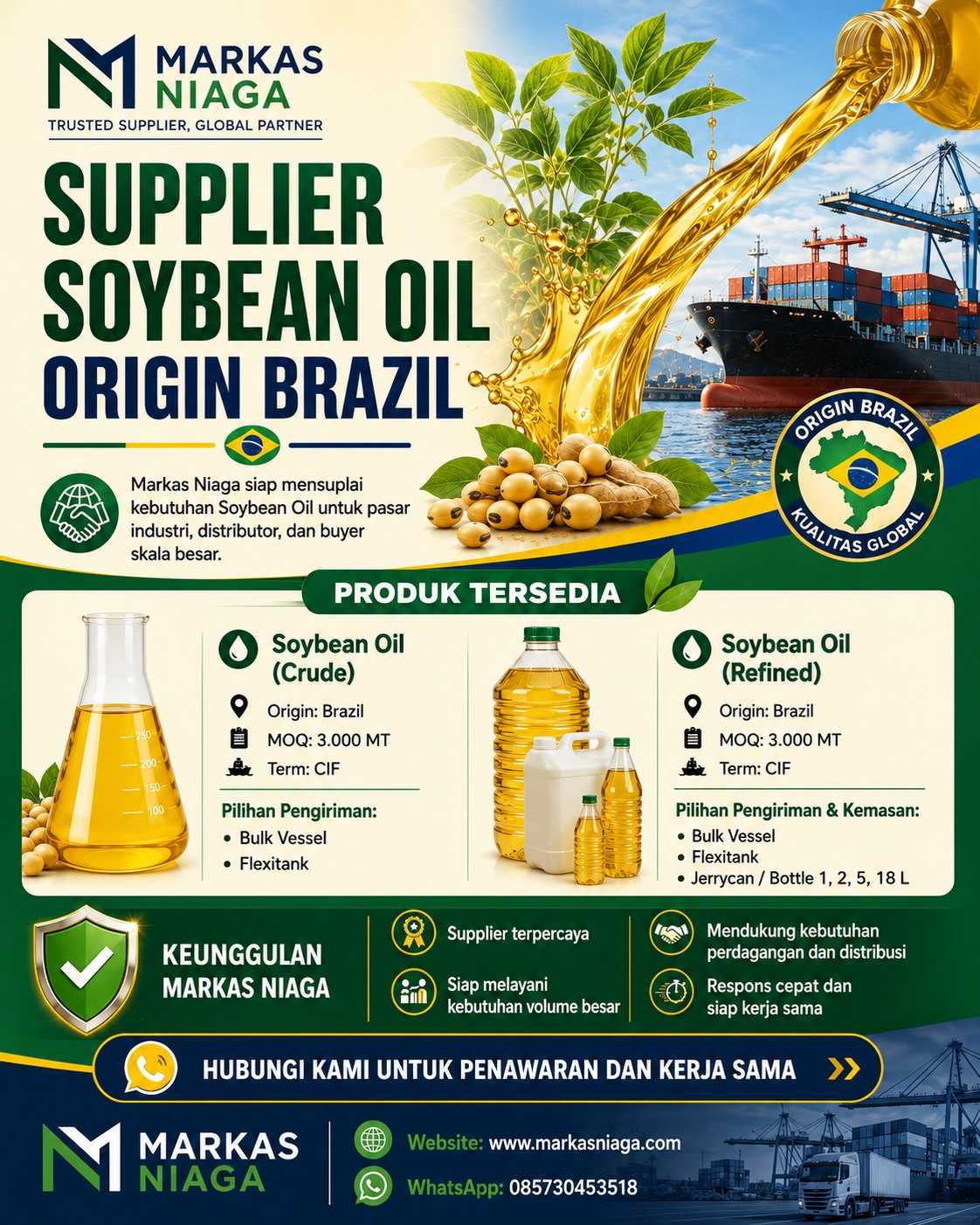 Supplier Soybean Oil Origin Brazil | Markas Niaga