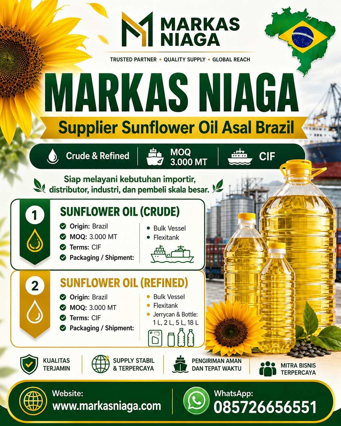 Supplier Sunflower Oil Asal Brazil | Crude & Refined | Markas Niaga