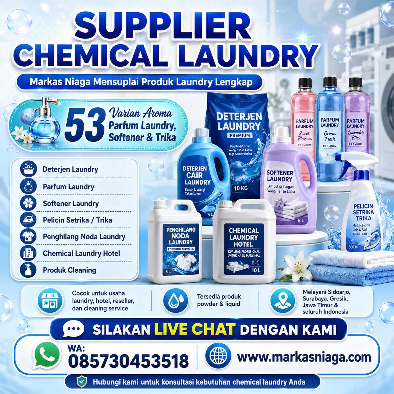 Chemical Laundry, Parfum Laundry, Deterjen, Softener & Pelicin Setrika: Solusi Lengkap untuk Hasil Cucian Bersih, Wangi, dan Rapi