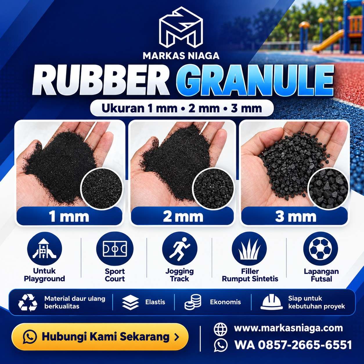 Supplier Rubber Granule / Granul Karet untuk Playground, Jogging Track & Lapangan Olahraga